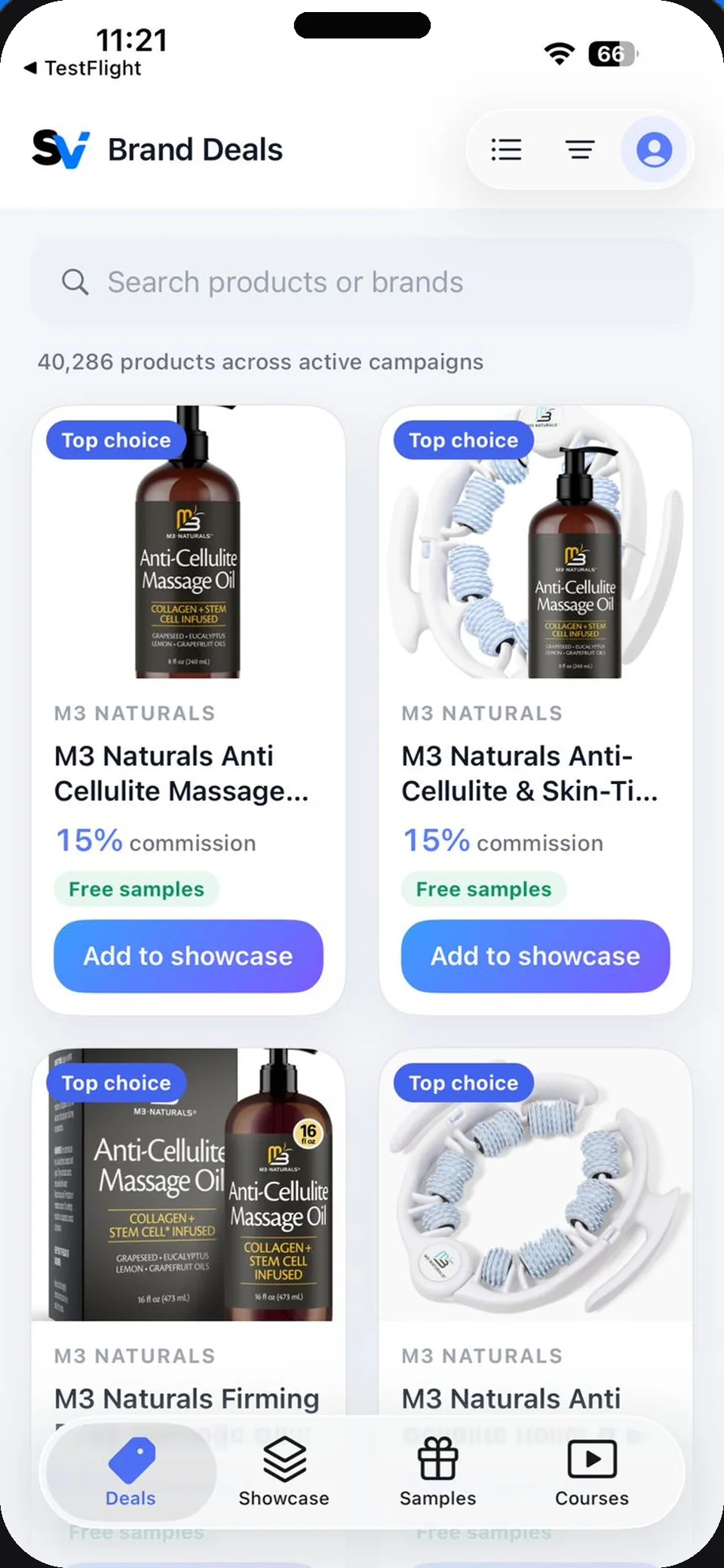 Stay Viral app Brand Deals screen with TikTok Shop products, commission rates and Add to showcase buttons