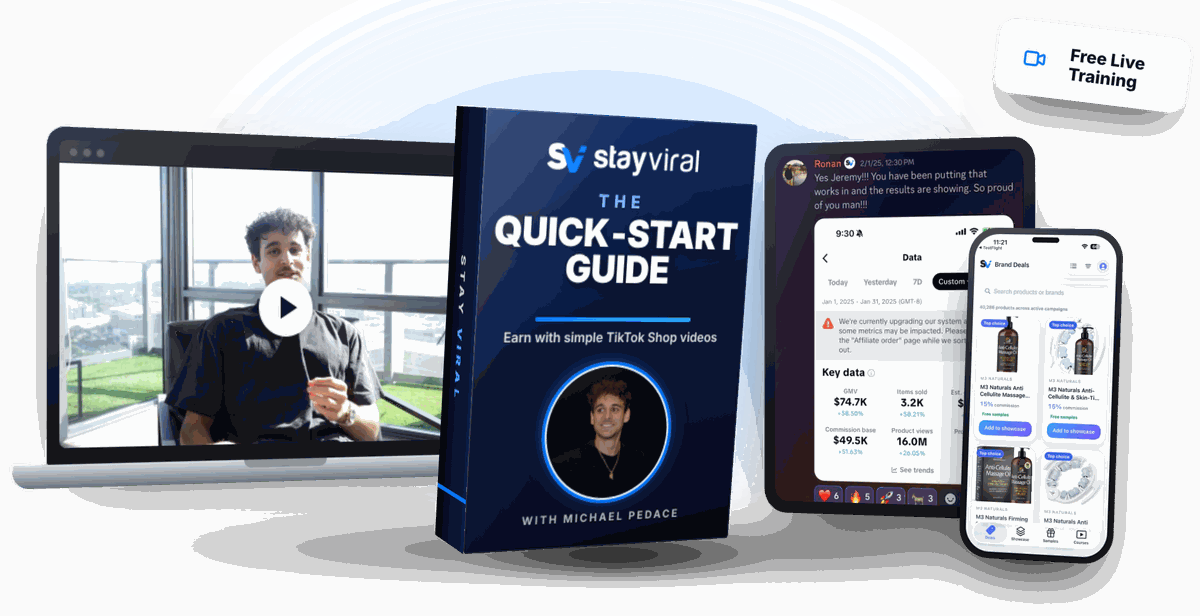 The Stay Viral Quick-Start Guide bundle: the course, the Brand Deals app, the Discord community and a free live training